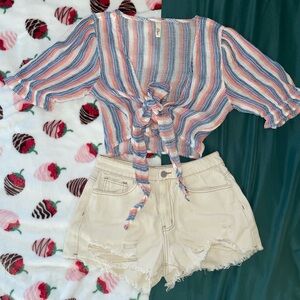 Striped Multicolor Tie-Front Top & Shorts